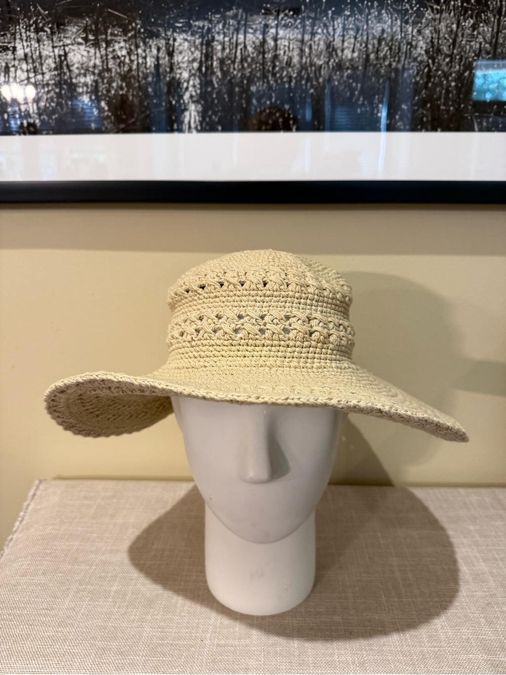 Silver Wave Cream Crochet Sun Hat Wide Brim 100% Cotton Boho Beach Resort